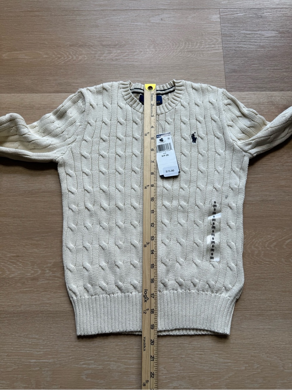 Polo by Ralph Lauren Cream Cable Knit Crewneck Sweater with Navy Pony - Picture 5 of 10